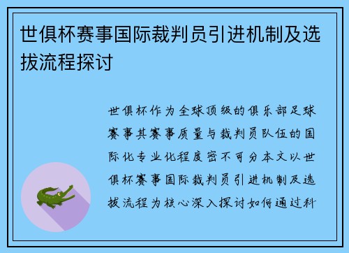世俱杯赛事国际裁判员引进机制及选拔流程探讨